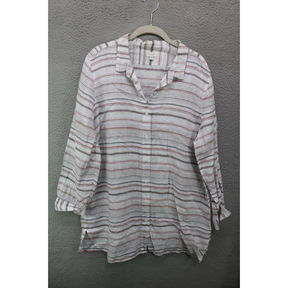 Garnet Hill Long Sleeve Striped Button-Up 100% Linen Tunic-XL-Preppy